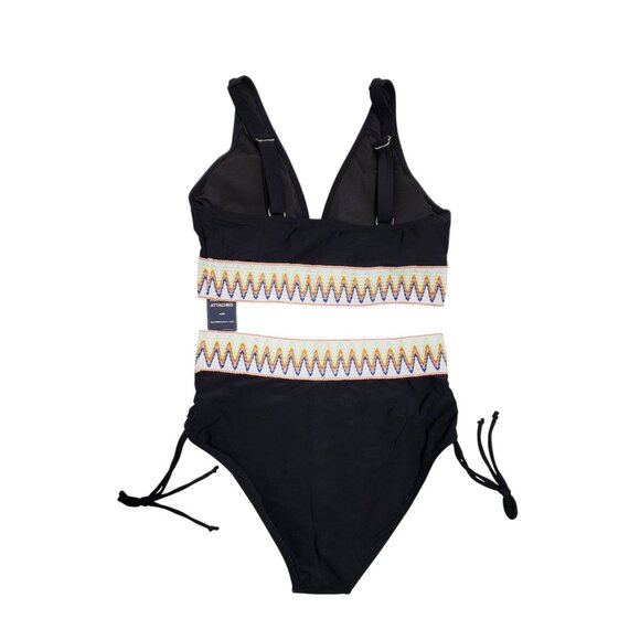 Black High-Waisted Bikini Set With Adjustable Straps & Chevron Accents Size M - Picture 2 of 7